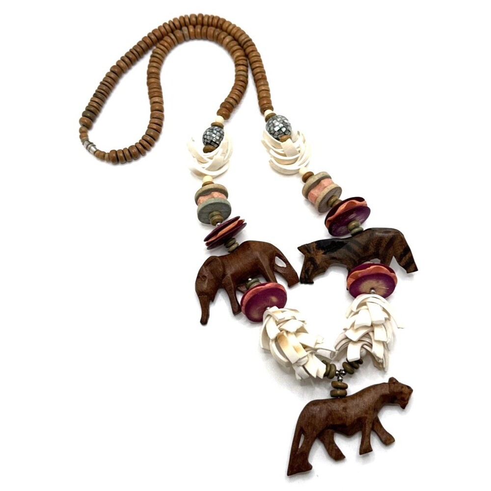 Vintage African Hand Carved Wood Animal Fetish Necklace Zebra Elephant Cheetah